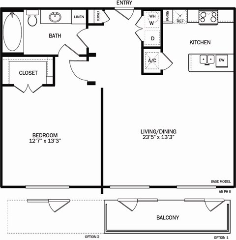 A black and white floor plan of a home with a living room, dining room, kitchen, and bath.